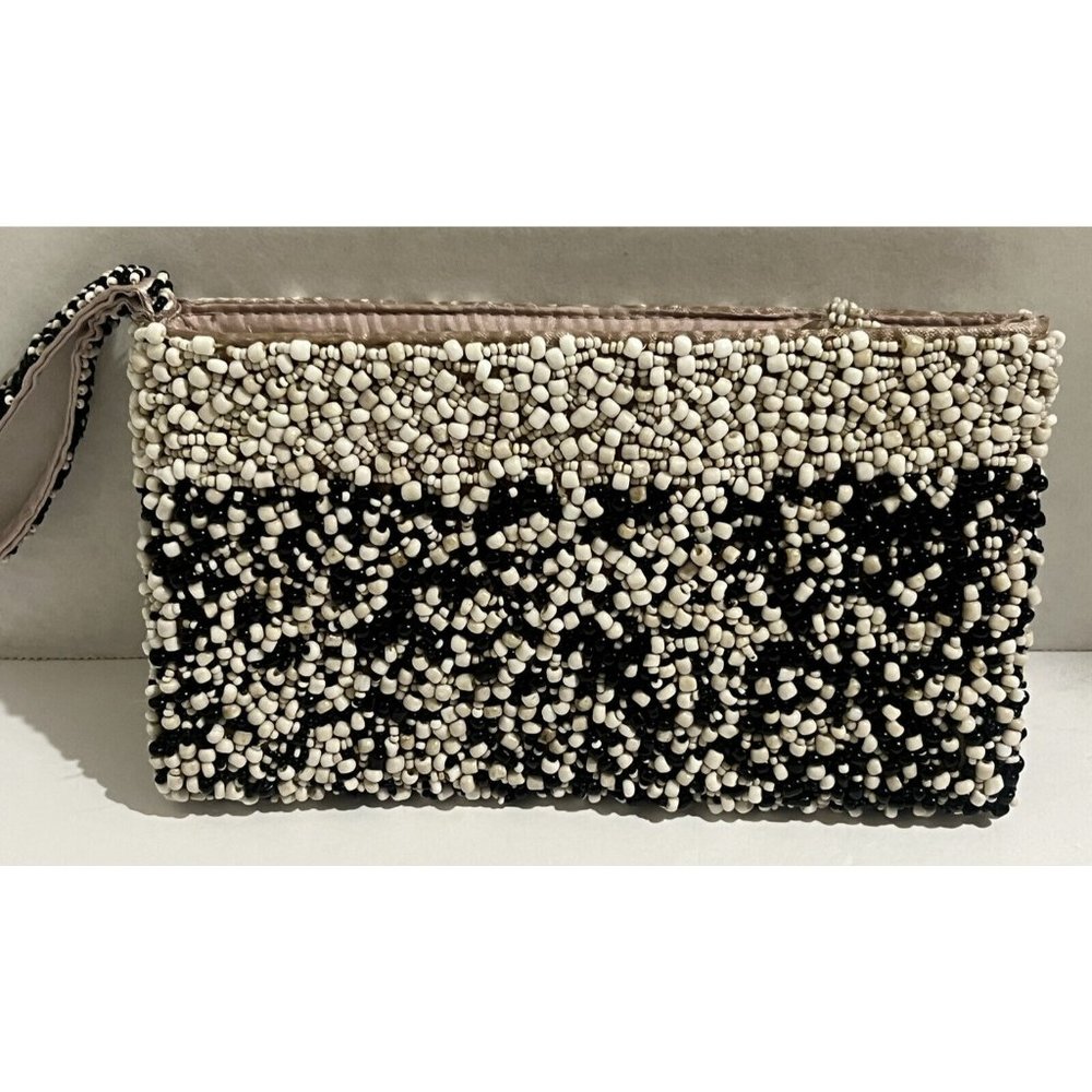 Vintage Black White Beige Beaded Wristlet Clutch Purse Small Evening Bag 8”x4.5”